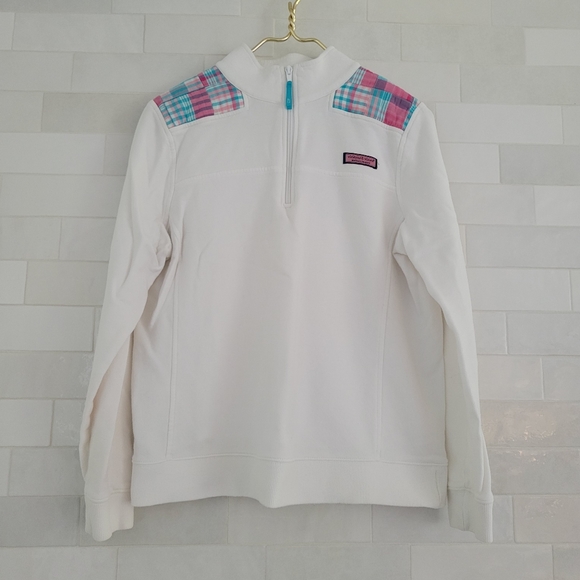Vineyard Vines Shep Pullover Sweatshirt White Pink Turquoise Plaid Large Cotton - Picture 1 of 8